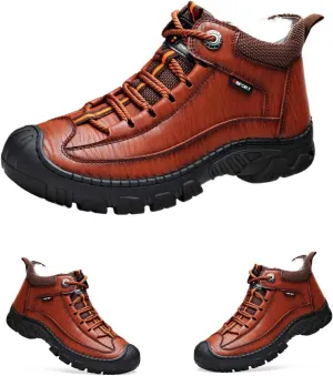 DevilAngel Men's Fleekcomfy Snowy Villi Leather Ankle Boots, Fleece Thick Lace-Up Low Top Snow Boots, Outdoor Non-Slip Hiking Boots. (Brown,6.5)
