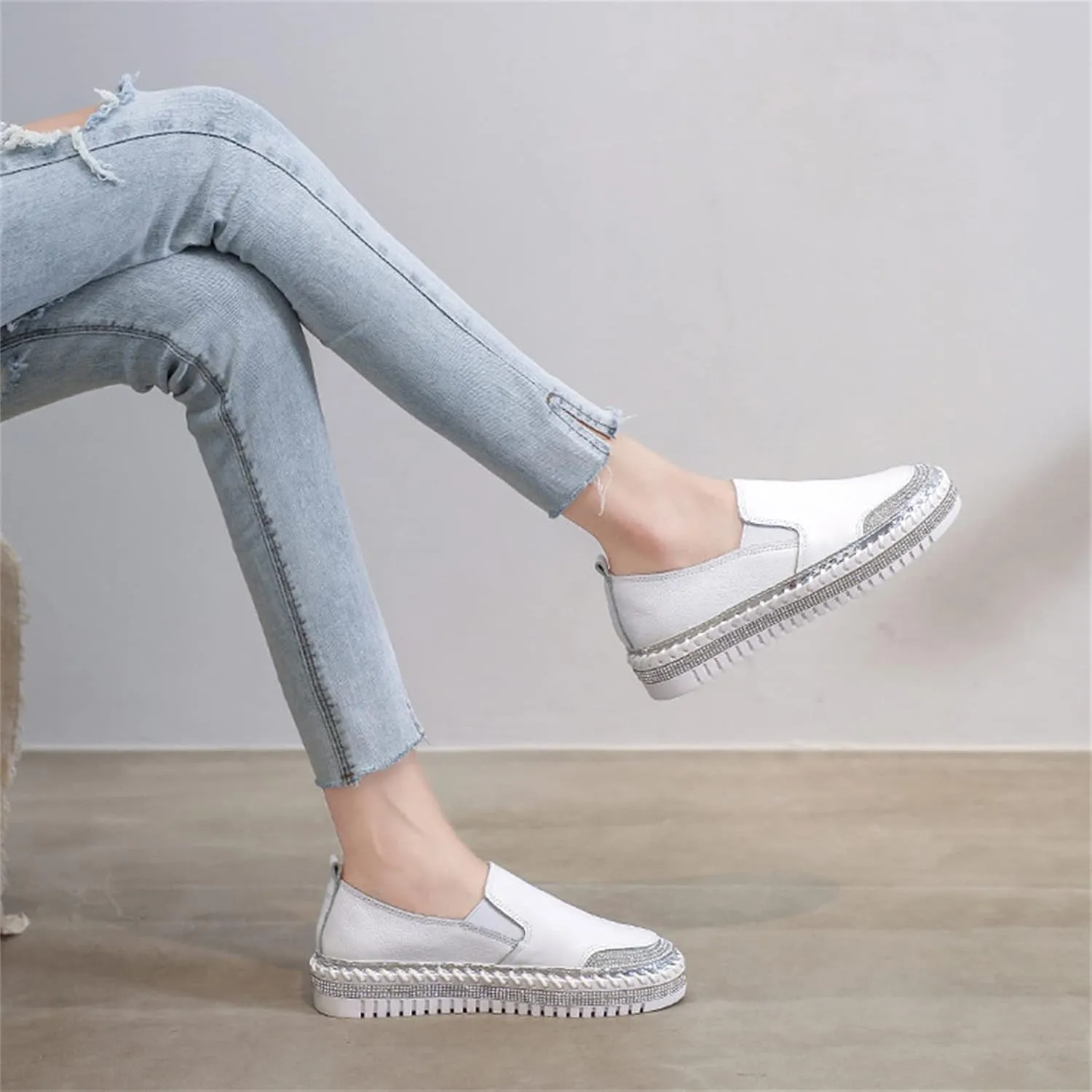 HINDOLA Women's Sparkly Fashion Sneakers Shiny Rhinestone Loafers Slip on Flatform Shoes Low Top Bling Casual Walking Shoes