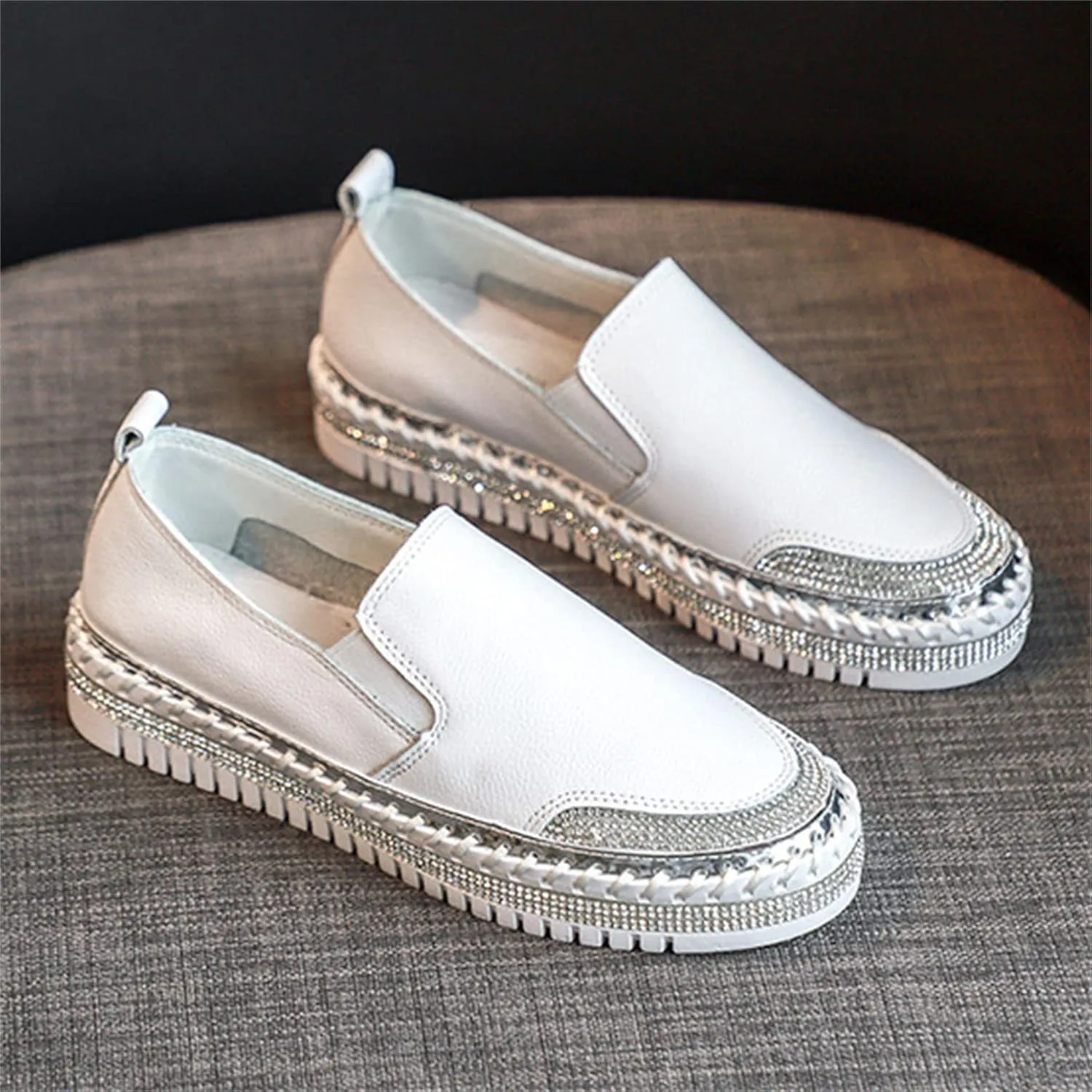 HINDOLA Women's Sparkly Fashion Sneakers Shiny Rhinestone Loafers Slip on Flatform Shoes Low Top Bling Casual Walking Shoes