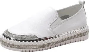 HINDOLA Women's Sparkly Fashion Sneakers Shiny Rhinestone Loafers Slip on Flatform Shoes Low Top Bling Casual Walking Shoes