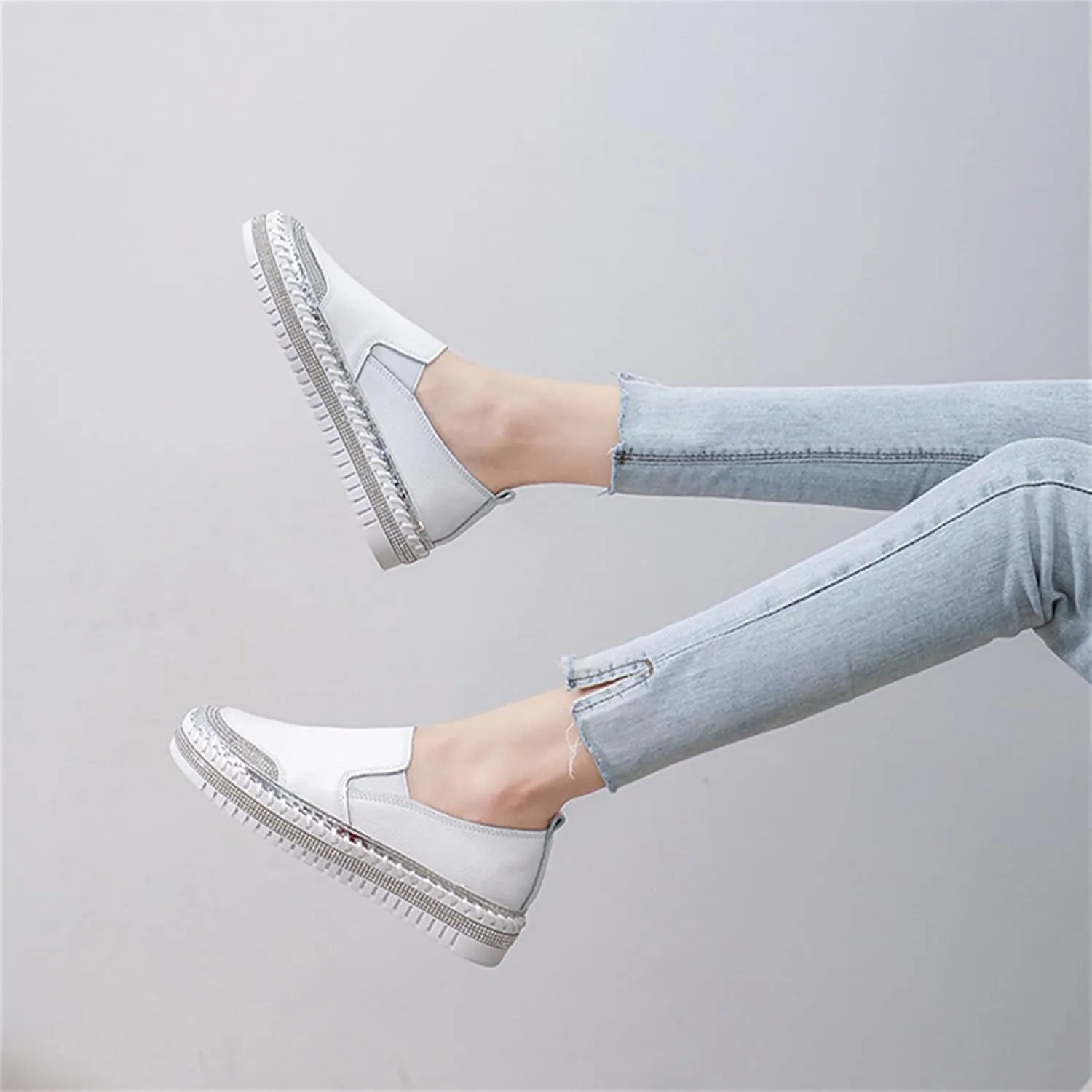 HINDOLA Women's Sparkly Fashion Sneakers Shiny Rhinestone Loafers Slip on Flatform Shoes Low Top Bling Casual Walking Shoes