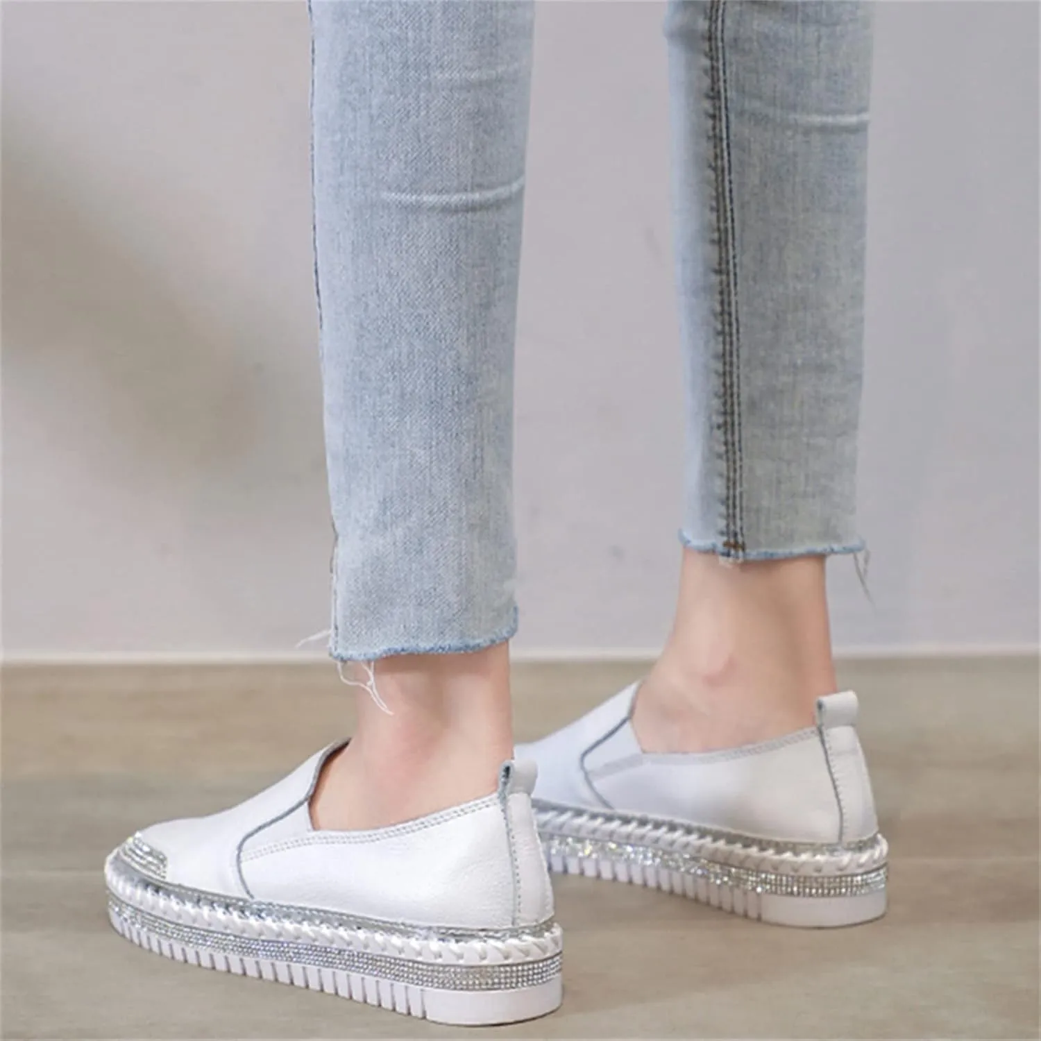 HINDOLA Women's Sparkly Fashion Sneakers Shiny Rhinestone Loafers Slip on Flatform Shoes Low Top Bling Casual Walking Shoes