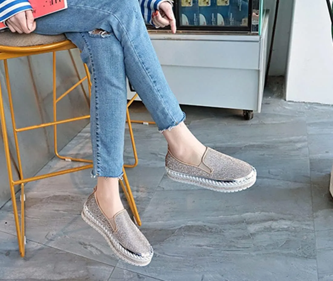 HINDOLA Women's Sparkly Fashion Sneakers Shiny Rhinestone Slip on Flatform Loafers Low Top Bling Casual Walking Shoes