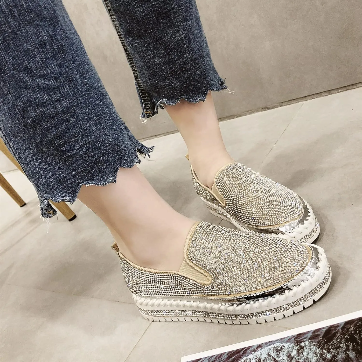 HINDOLA Women's Sparkly Fashion Sneakers Shiny Rhinestone Slip on Flatform Loafers Low Top Bling Casual Walking Shoes