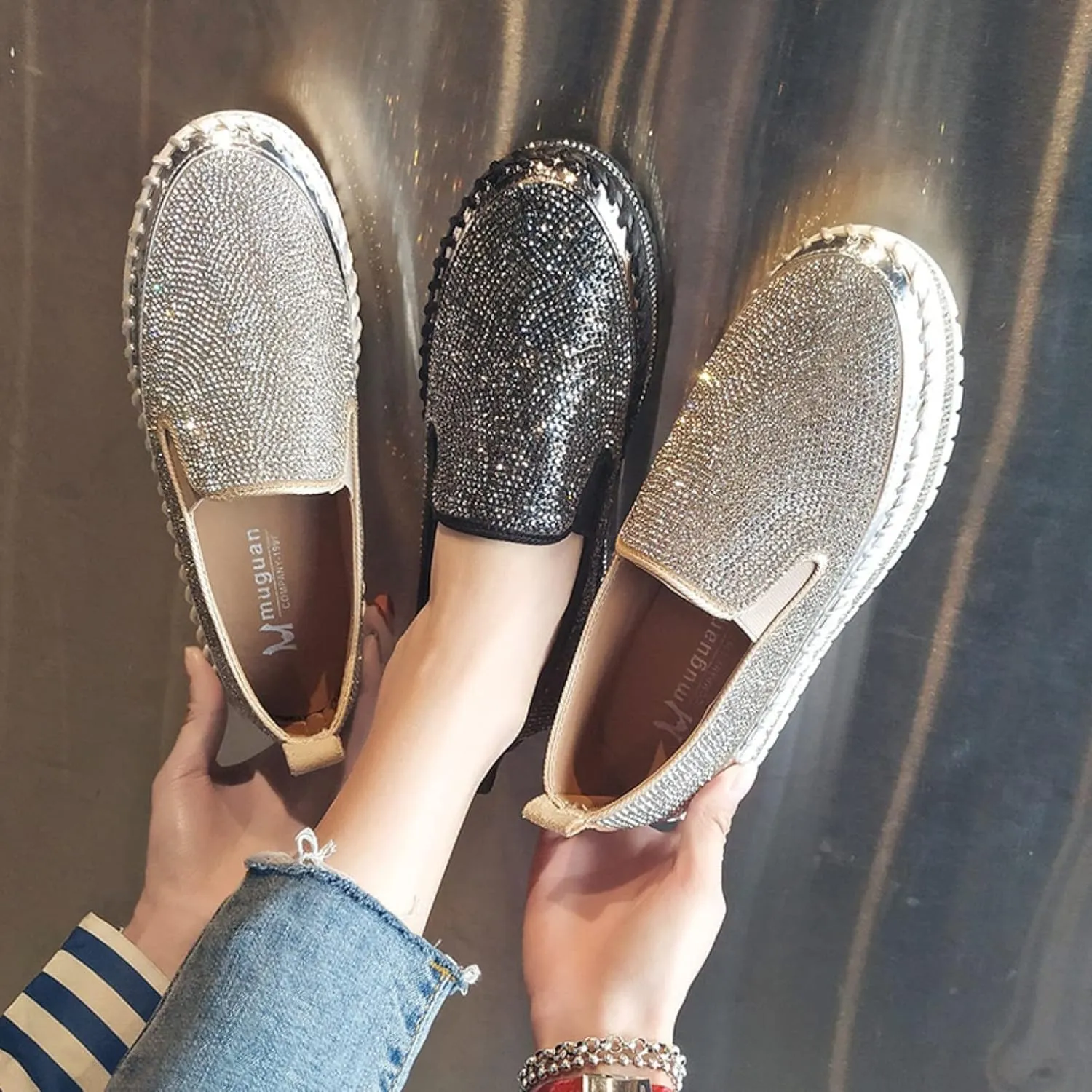 HINDOLA Women's Sparkly Fashion Sneakers Shiny Rhinestone Slip on Flatform Loafers Low Top Bling Casual Walking Shoes