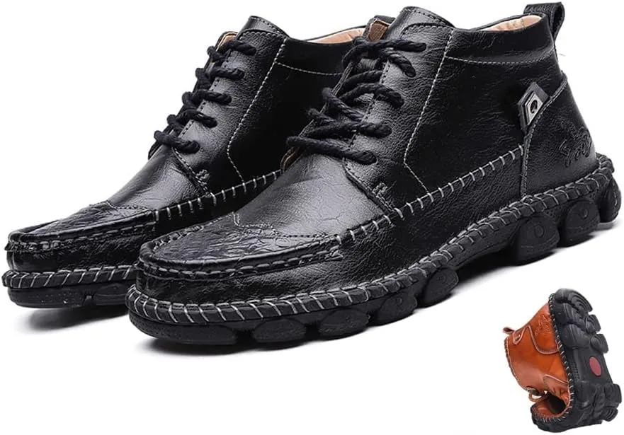 Mens Soft Leather Lace-Up Loafers Mid Top Vintage Hand Stitching Ankle Chukka Boots Outdoor Non-Slip Work Trekking Shoes
