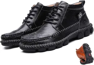 Mens Soft Leather Lace-Up Loafers Mid Top Vintage Hand Stitching Ankle Chukka Boots Outdoor Non-Slip Work Trekking Shoes