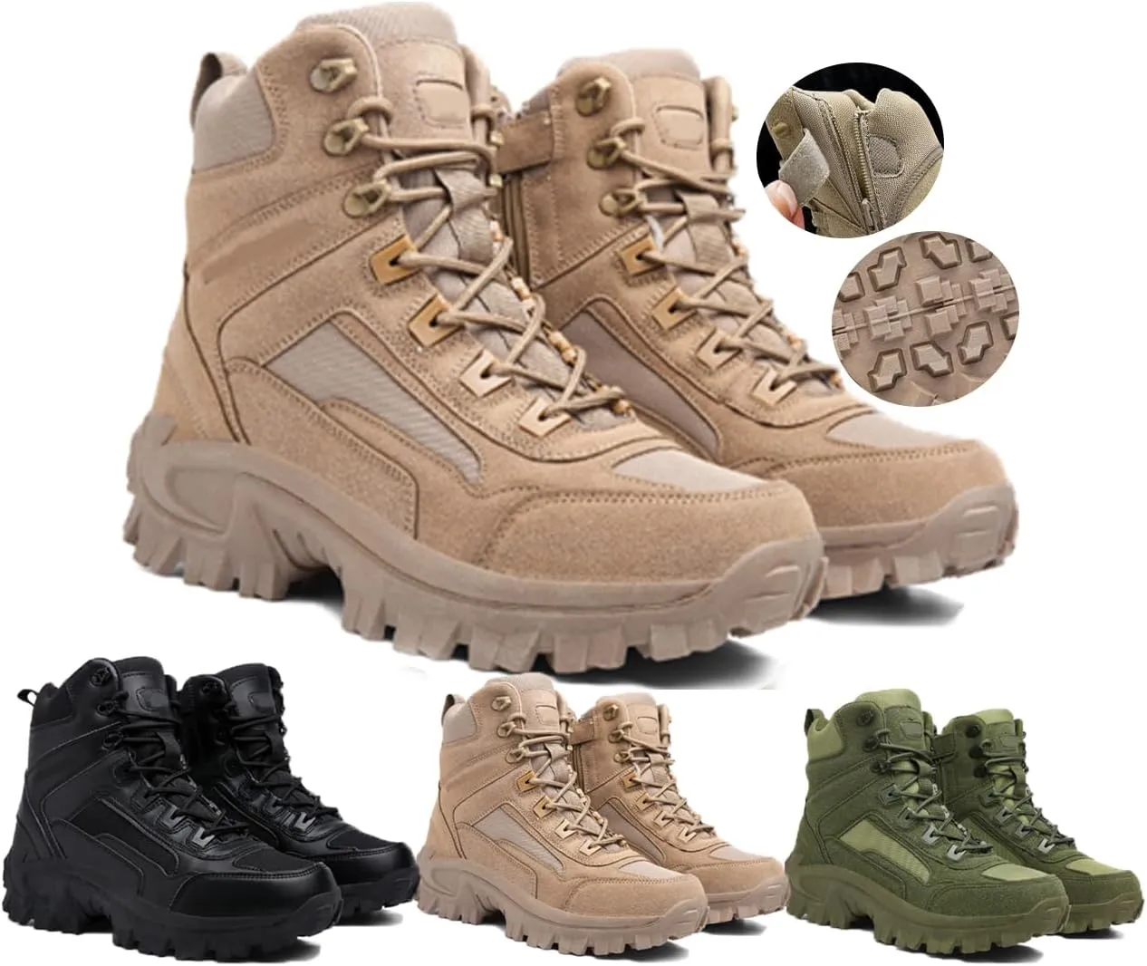 Men's Waterproof Side Zipper Outdoor Combat Boots,Casual Outdoor Mountaineering Trekking Commando Tactical Boots, Lightweight Comfortable Orthopedic Hiking Motorcycle Combat Boots