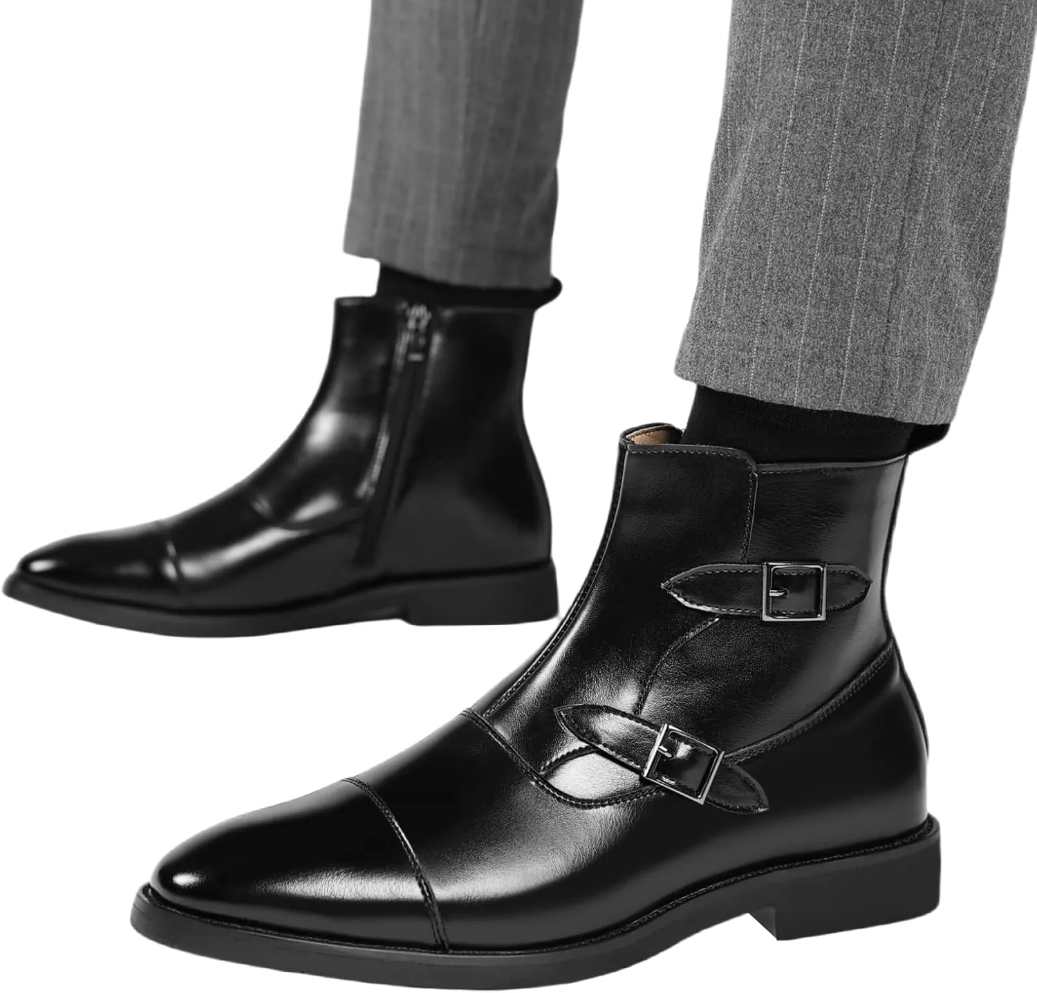 SYNTHESIS Men's Cap Toe Brogues Chelsea Boots with Side Zipper,High or Mid Top Slip On Black Ankle Boot for Men