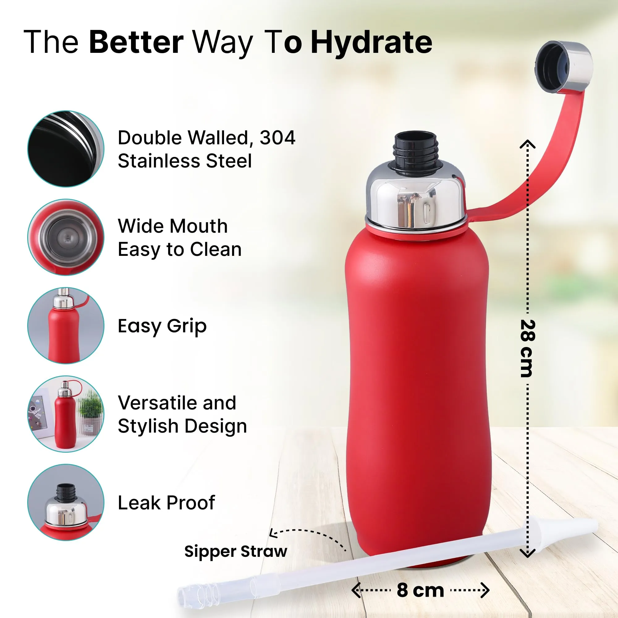 The Better Home 750ml | Insulated Thermosteel Bottle | Hot and Cold Water Bottle for Office, Gym, School | Leakproof | Vacuum Insulated Water Bottles | Easy Carry Flask for Kids/Adults | Red