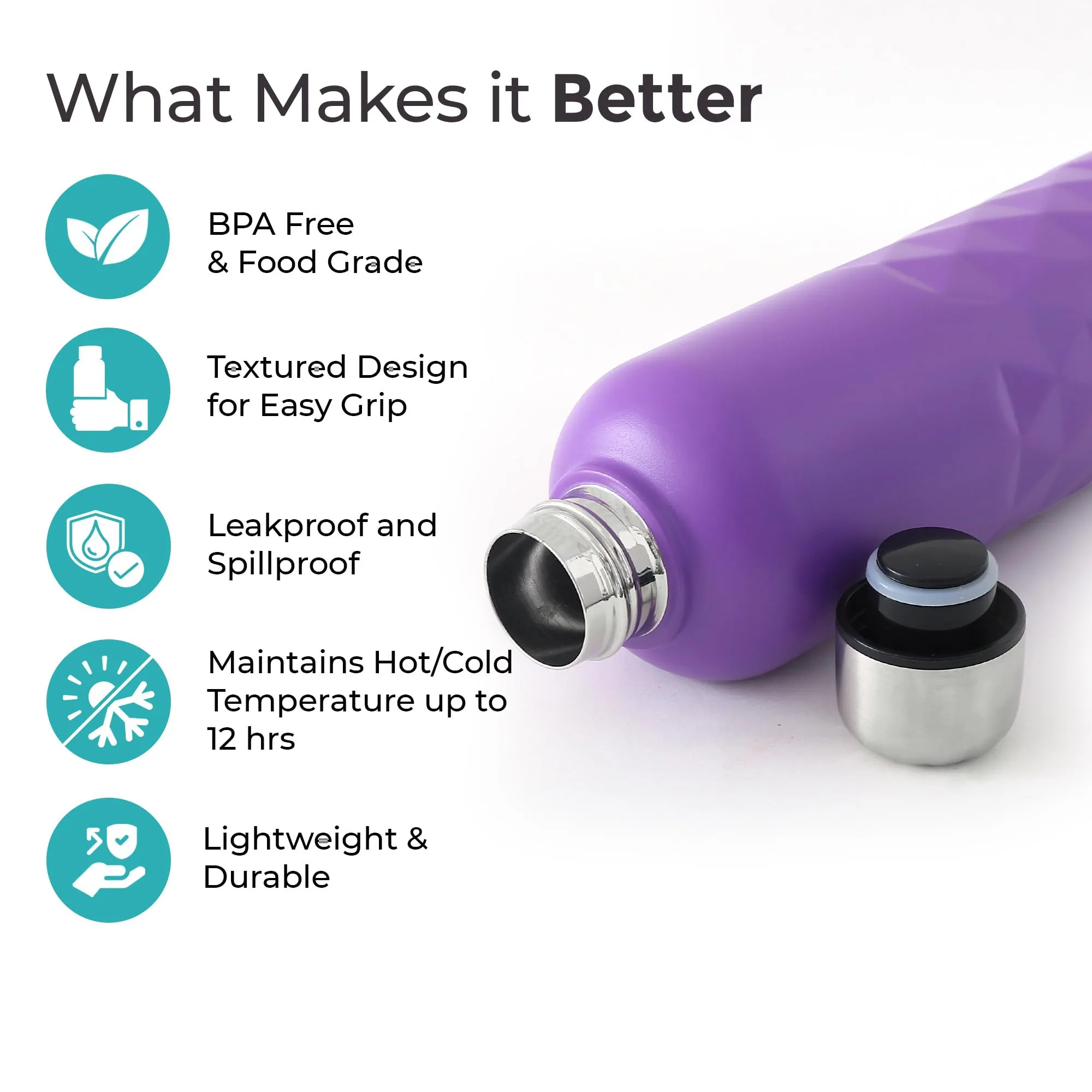 The Better Home Insulated Thermosteel Bottle 750ml | Small Flask Water Bottle for Kids School | Hot and Cold Water Bottle | Gym Bottles for Men/Women | Leakproof Screw Cap | (Purple)