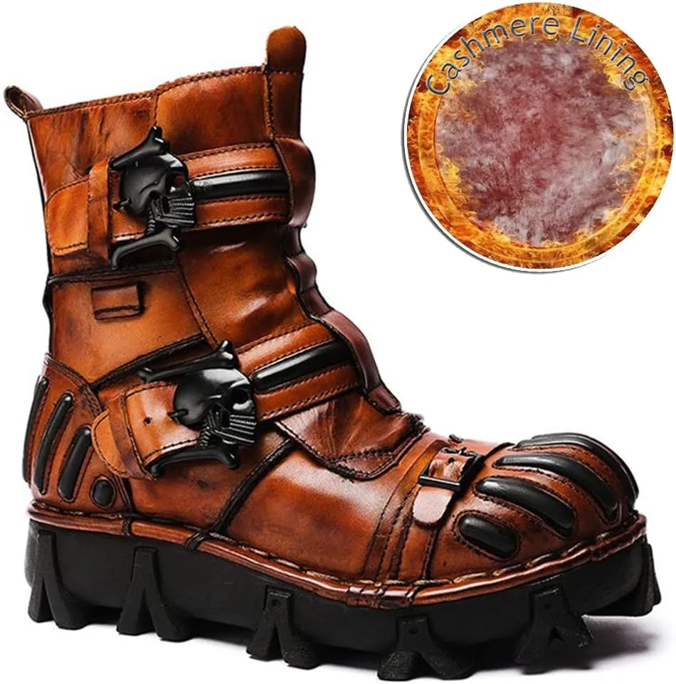 Vintage Skull Leather Mid-Top Boots, Fashion Outdoor Military Ankle Lace-Up Hiking Shoes