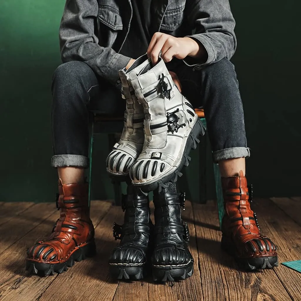 Vintage Skull Leather Mid-Top Boots, Fashion Outdoor Military Ankle Lace-Up Hiking Shoes