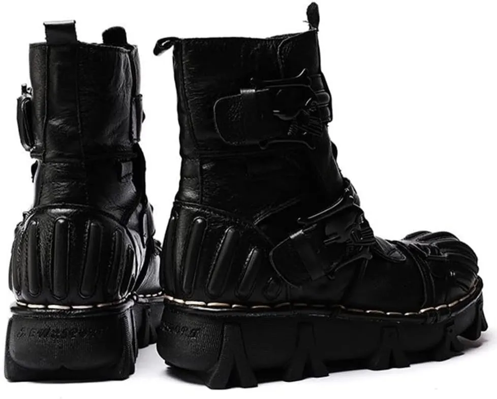 Vintage Skull Leather Mid-Top Boots, Fashion Outdoor Military Ankle Lace-Up Hiking Shoes