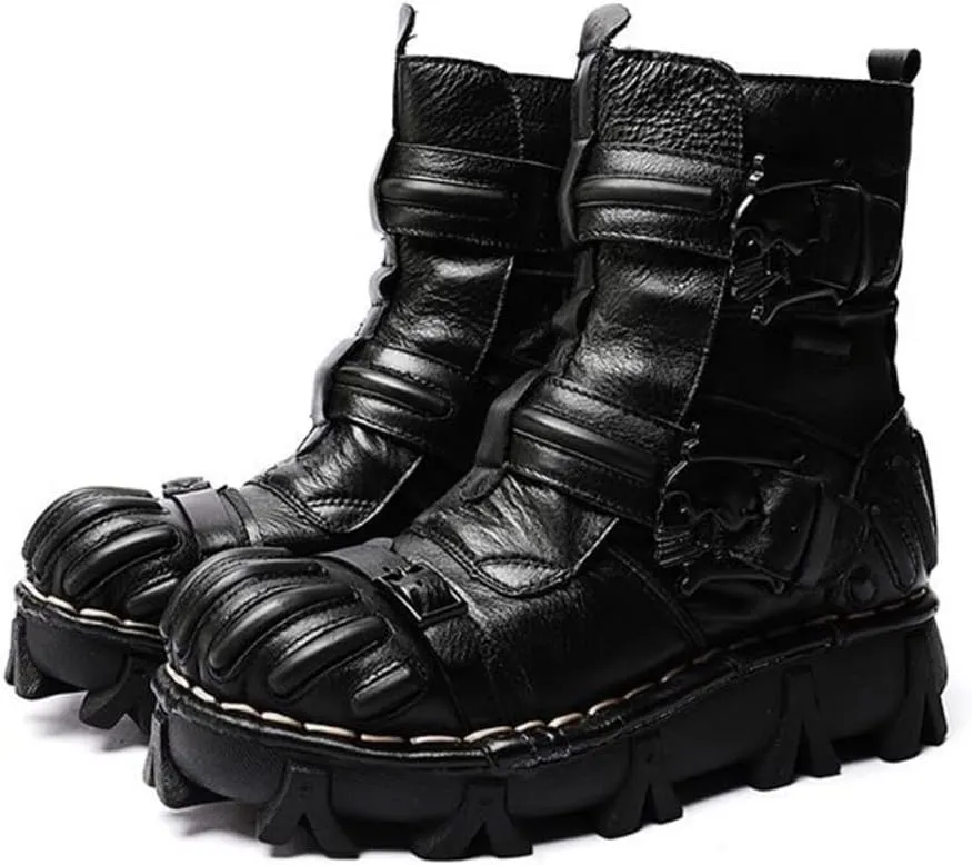 Vintage Skull Leather Mid-Top Boots, Fashion Outdoor Military Ankle Lace-Up Hiking Shoes
