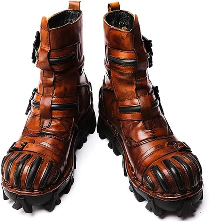 Vintage Skull Leather Mid-Top Boots, Fashion Outdoor Military Ankle Lace-Up Hiking Shoes