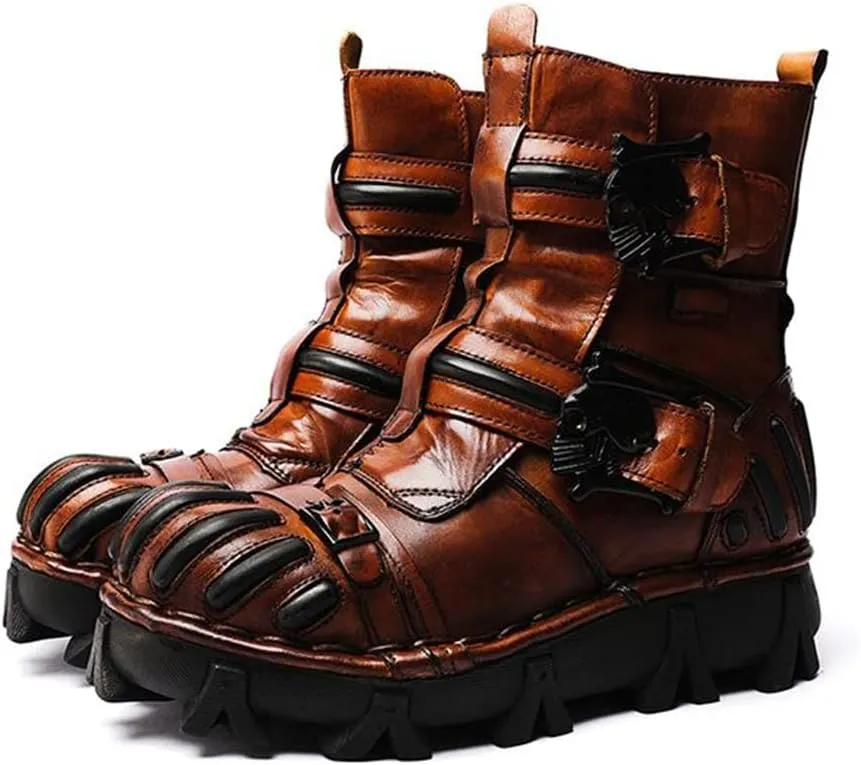 Vintage Skull Leather Mid-Top Boots, Fashion Outdoor Military Ankle Lace-Up Hiking Shoes