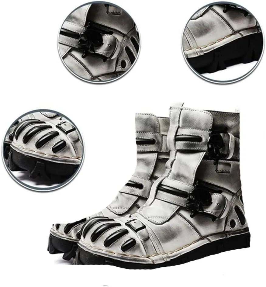 Vintage Skull Leather Mid-Top Boots, Fashion Outdoor Military Ankle Lace-Up Hiking Shoes