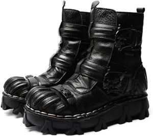 Vintage Skull Leather Mid-Top Boots, Fashion Outdoor Military Ankle Lace-Up Hiking Shoes