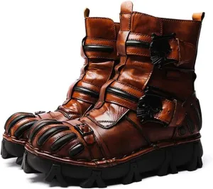 Vintage Skull Leather Mid-Top Boots, Fashion Outdoor Military Ankle Lace-Up Hiking Shoes