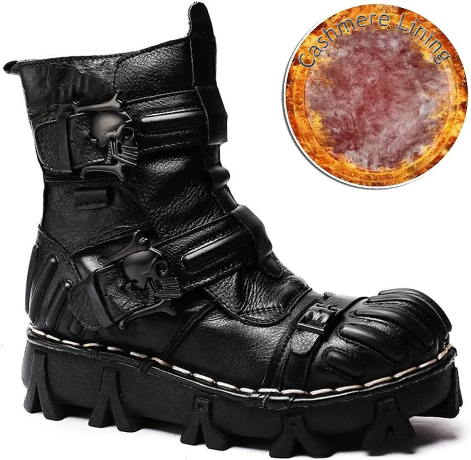 Vintage Skull Leather Mid-Top Boots, Fashion Outdoor Military Ankle Lace-Up Hiking Shoes
