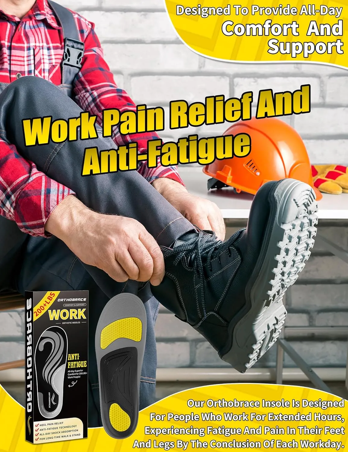 Work Insoles for Standing All Day, 200 lbs Heavy Duty High Arch Support Inserts, Foot Pain Relief for Plantar Fasciitis, Anti Fatigue,Work Boot Shoe Insoles Men Women-XL
